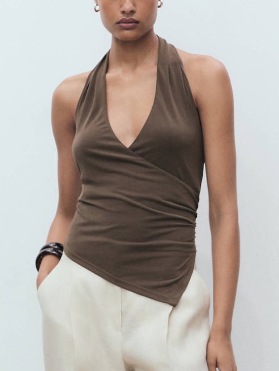 Mango Mng - Nwt Sleeveless Halter Wrap Top Asymmetrical Hem Brown